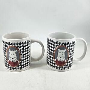 Set of 2 vintage Black White Houndstooth Scottie Terrier Dog Mugs